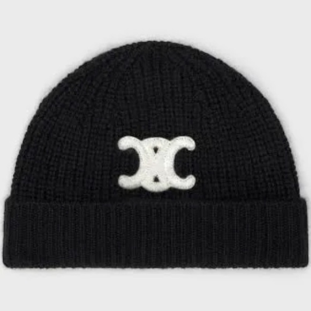 Celine Black Knit Hat with White Logo Beanie Ribbed Knit